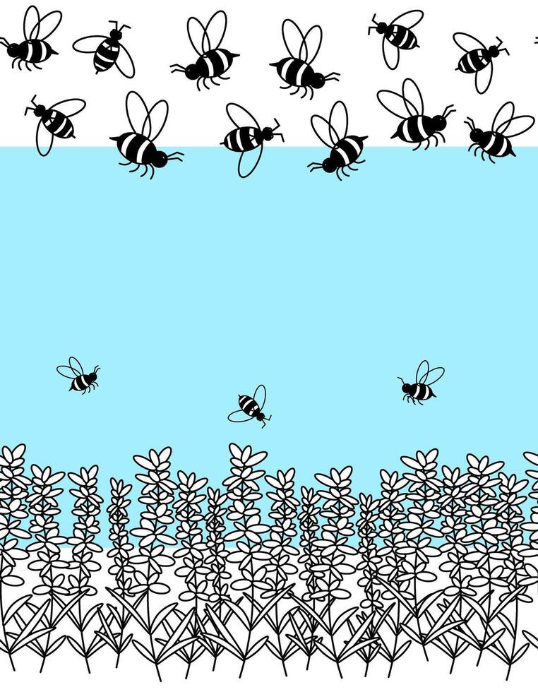 Lavender and bees Horizontal seamless border frame template. graphic line illustration. Purple wildflowers with bumblebees. Fragrant herb. Place for text. vector