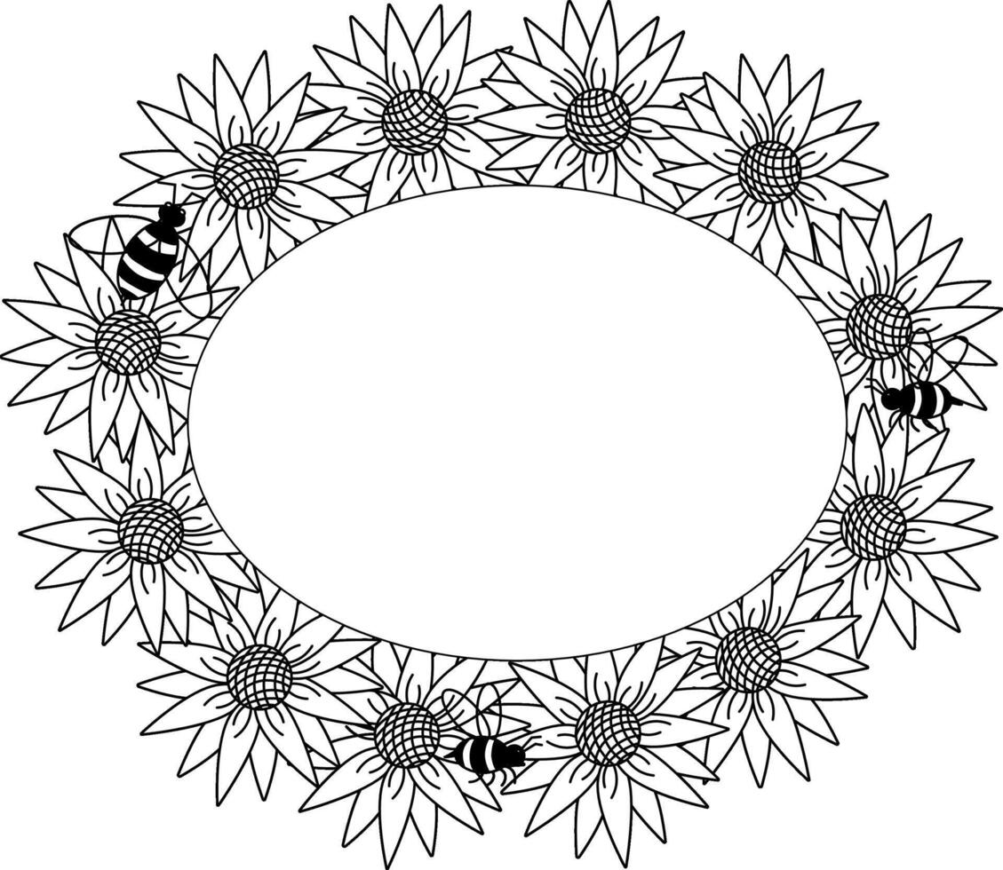 Sunflower and bee Frame Oval template. graphic line illustration. for greeting card, eco packaging, seasonal print Joyful Flower design element with meadow plant vector