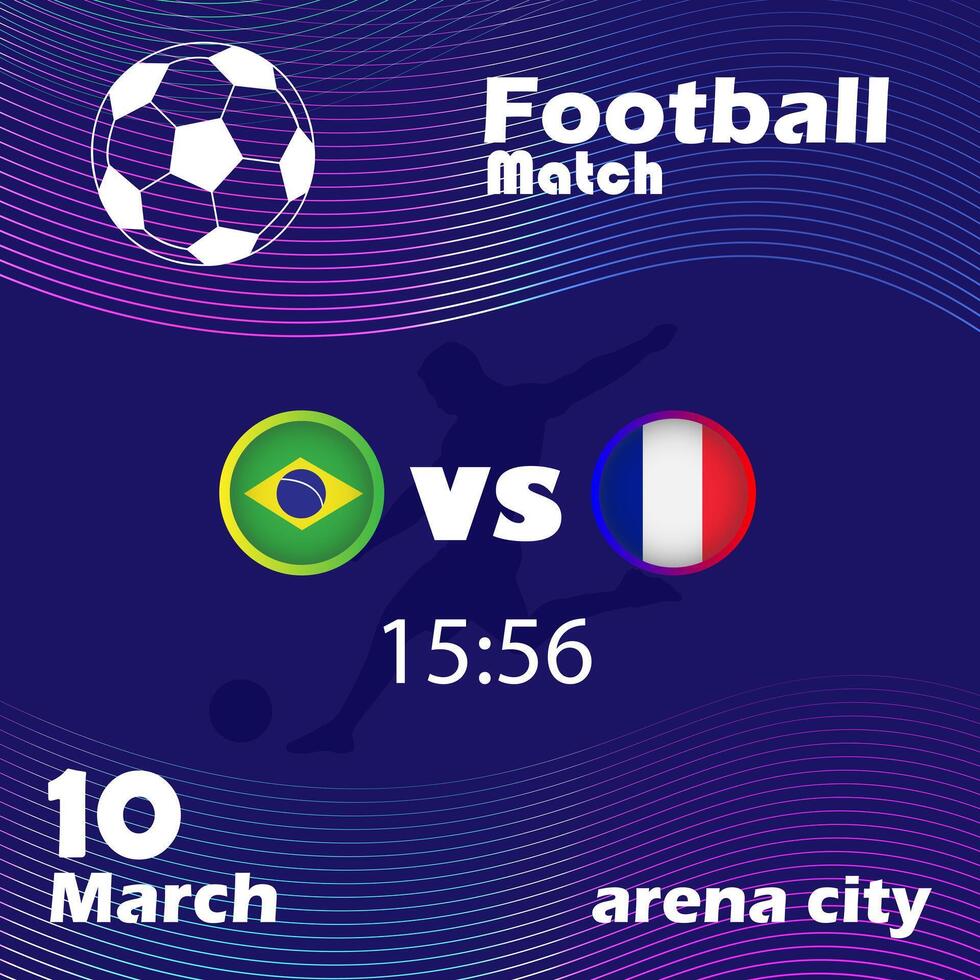 football match announcement with date, time and stadium name on dark abstract background with football silhouette. Digital graphic template. Sports event concept. Design for banner, poster, header. vector