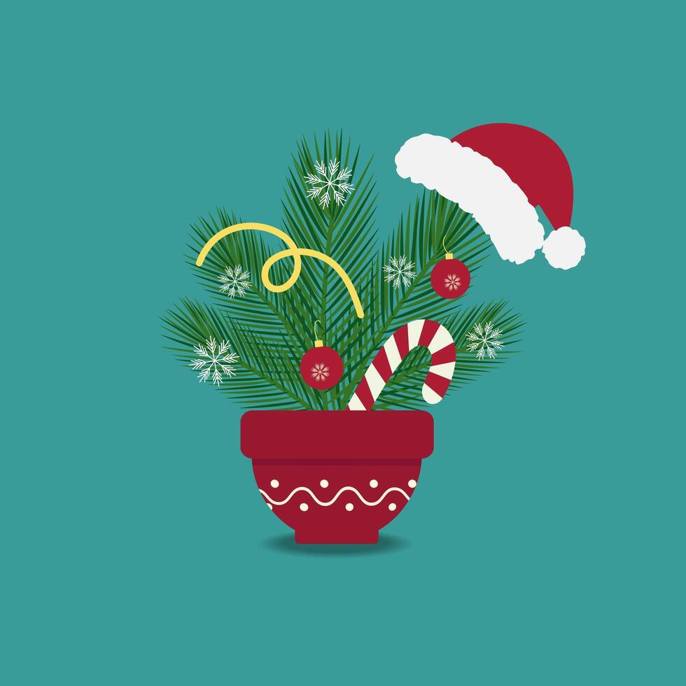 Pine Twigs bouquet Decorated Santa Hat Christmas tree Balls and Snowflakes in Flowers Pot Minimalist. Isolated illustration Christmas or New Year Themes Cards Party Invites or banner, leaflets vector