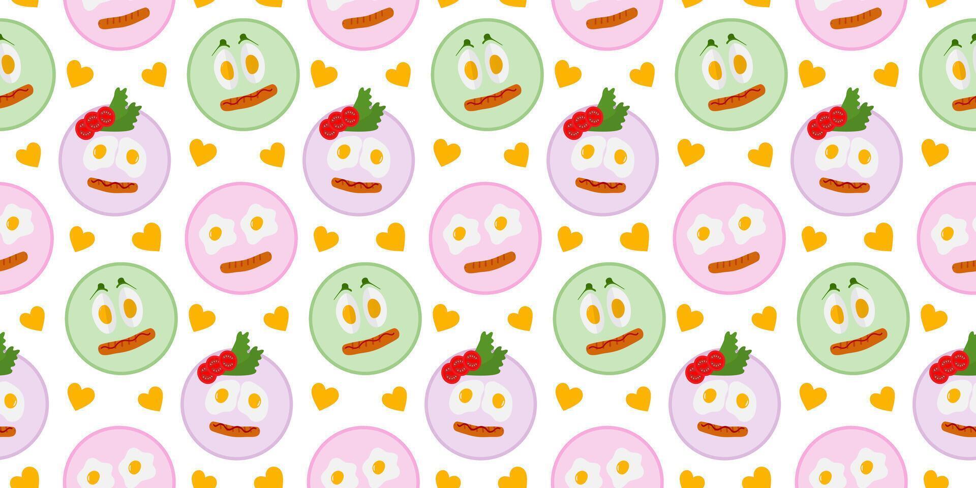Hand Drawn Eggs and Grill sausage on plate Cute Emoticons and Hearts Seamless Pattern Banner Format. Isolated illustration Motivation or Egg Day Greeting Backdrop Party invite, leaflets, banner vector