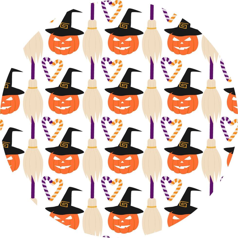 Halloween Pumpkins in Witch Hat Striped Heart Shape Candy Cane and Broom Seamless Pattern on Circle. Isolated illustration Halloween Greeting Background Party invite or banners, leaflets, price vector