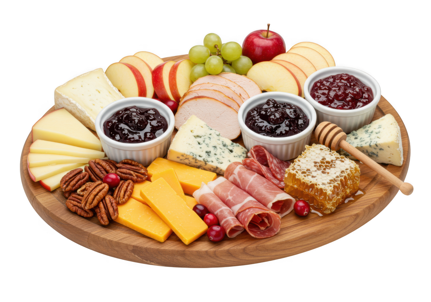 A cheese board with fruit, meat, and cheese png