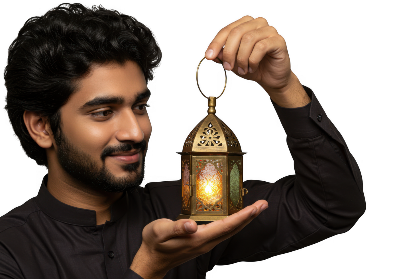 A man holding a lantern with a gold design png