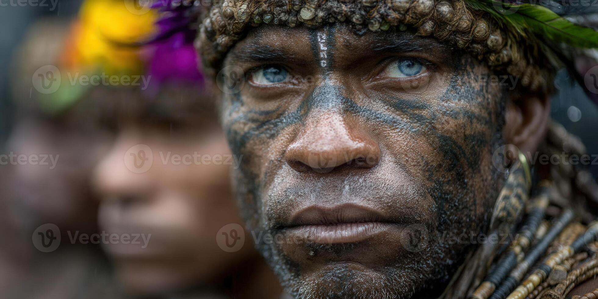 A captivating portrait of a tribal man with striking blue eyes and traditional face paint. photo
