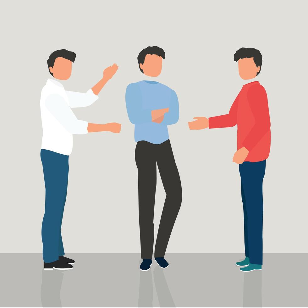 Three men talking to each other in a group vector