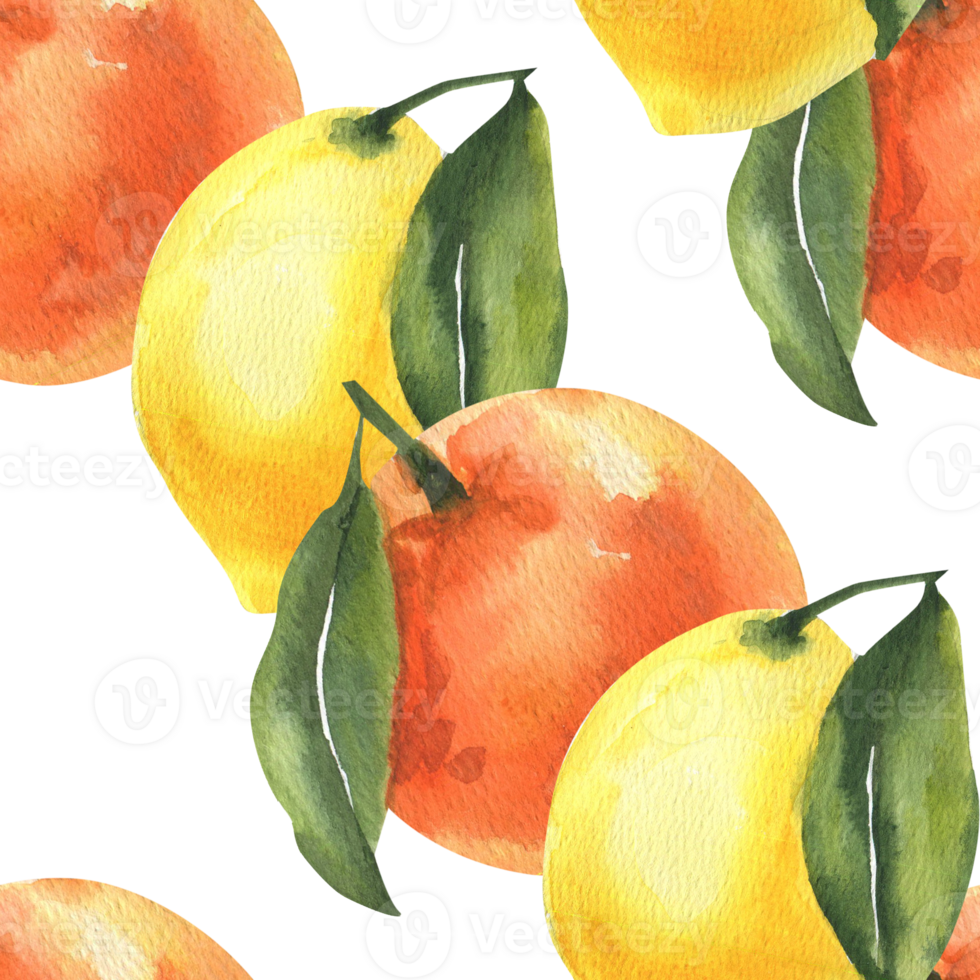 Tropical juicy fruits watercolor seamless pattern for home textile. Hand drawn oranges and lemons with leaves repeated clipart, yellow and orange summer heathy food for packing,wallpaper,fabric design png