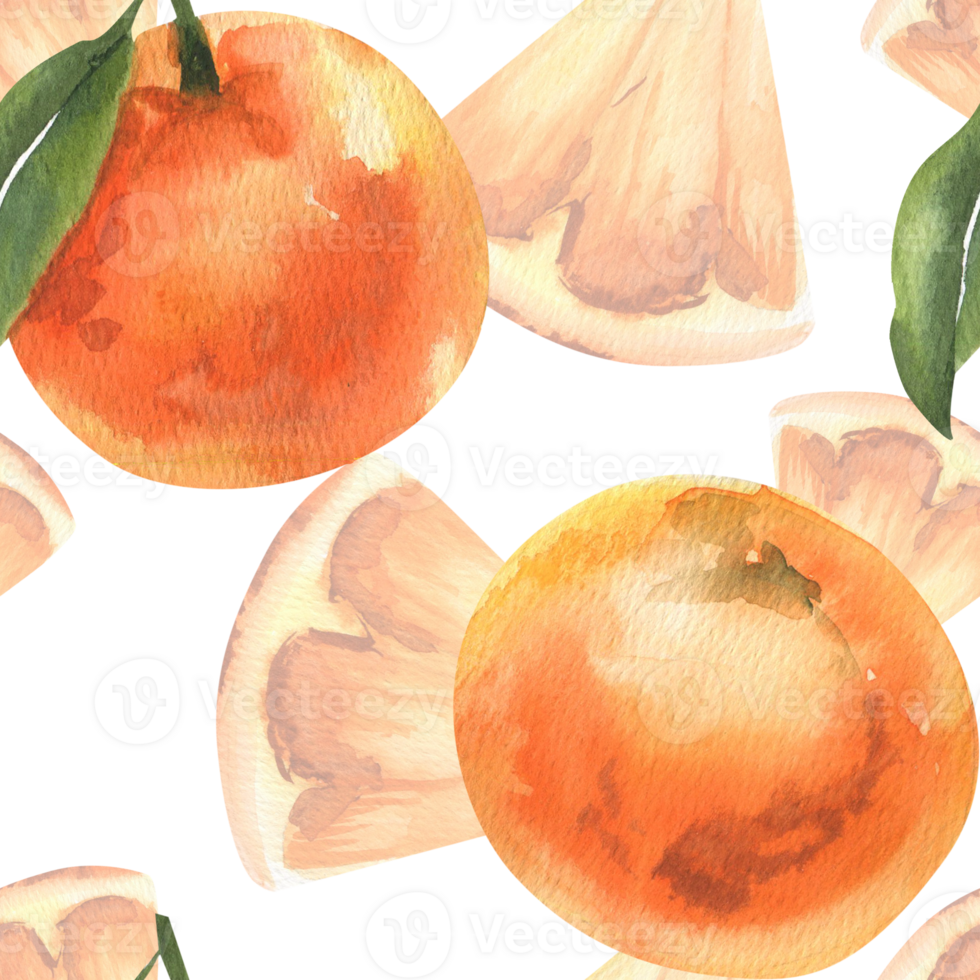 Juicy oranges watercolor seamless pattern. Hand drawn orange mandarin and slices clipart, tropical summer food and beverage ingredient background for stationery,packing,textile design png