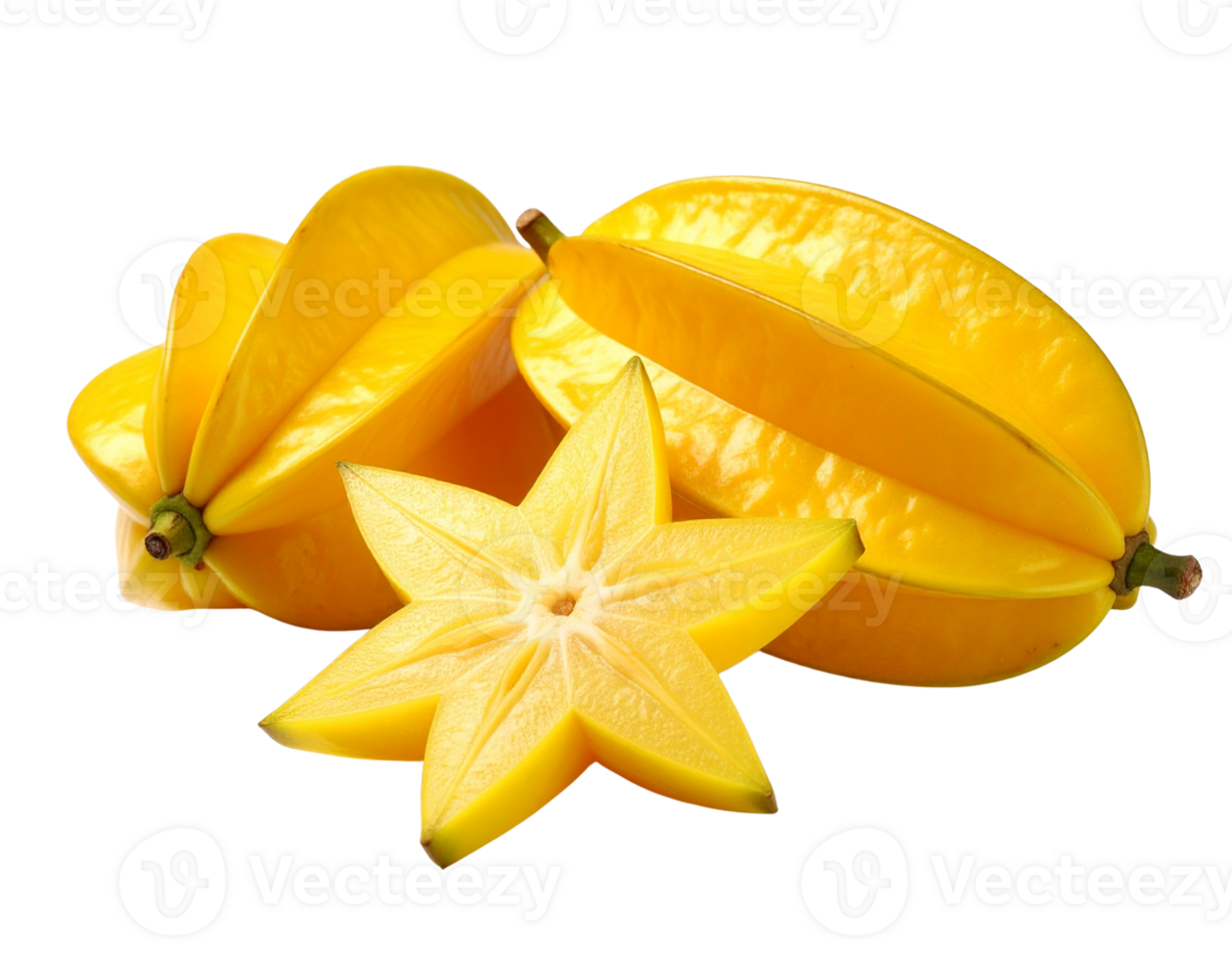 Yellow Starfruit Sliced Whole and Halved on Transparent Background png