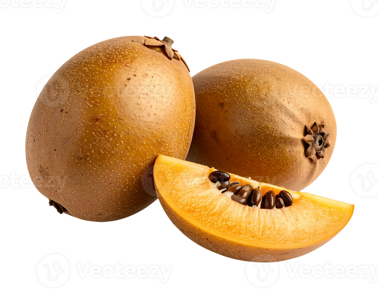 Fresh Brown Kiwis with Slice Showing Orange Flesh and Black Seeds png