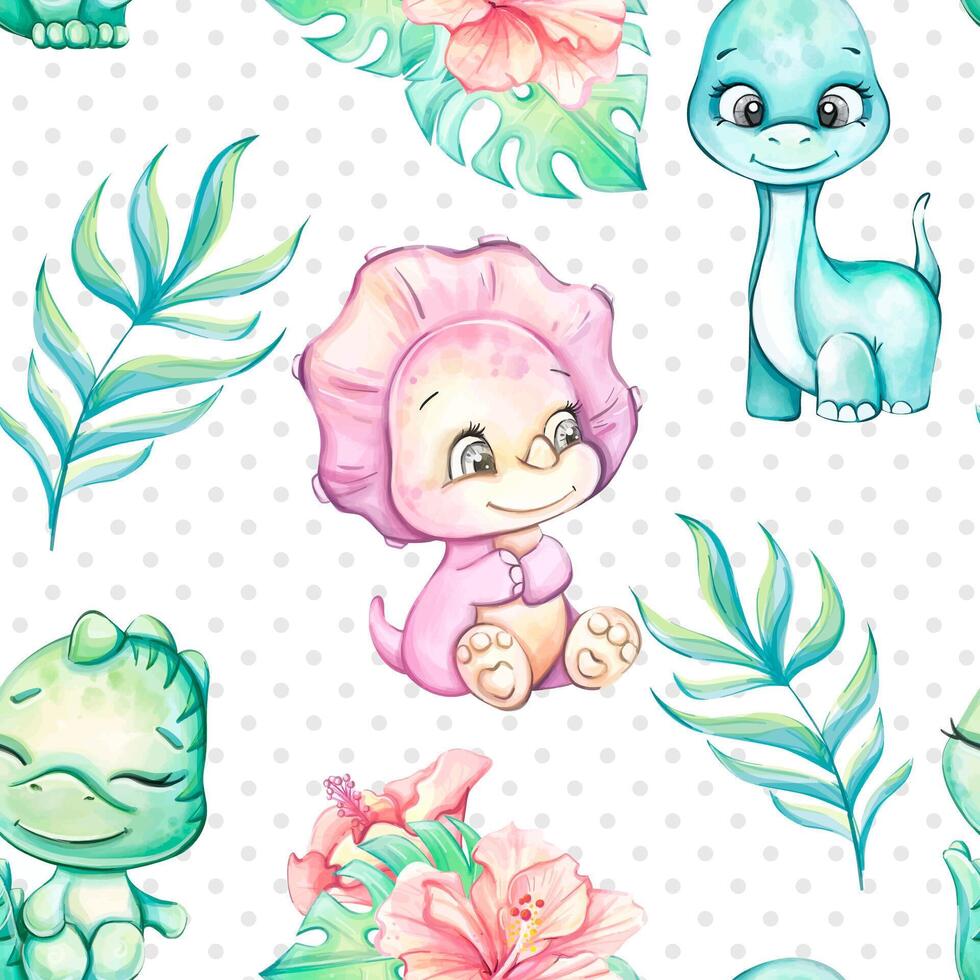 Cute dinosaurs and tropical flower pattern vector