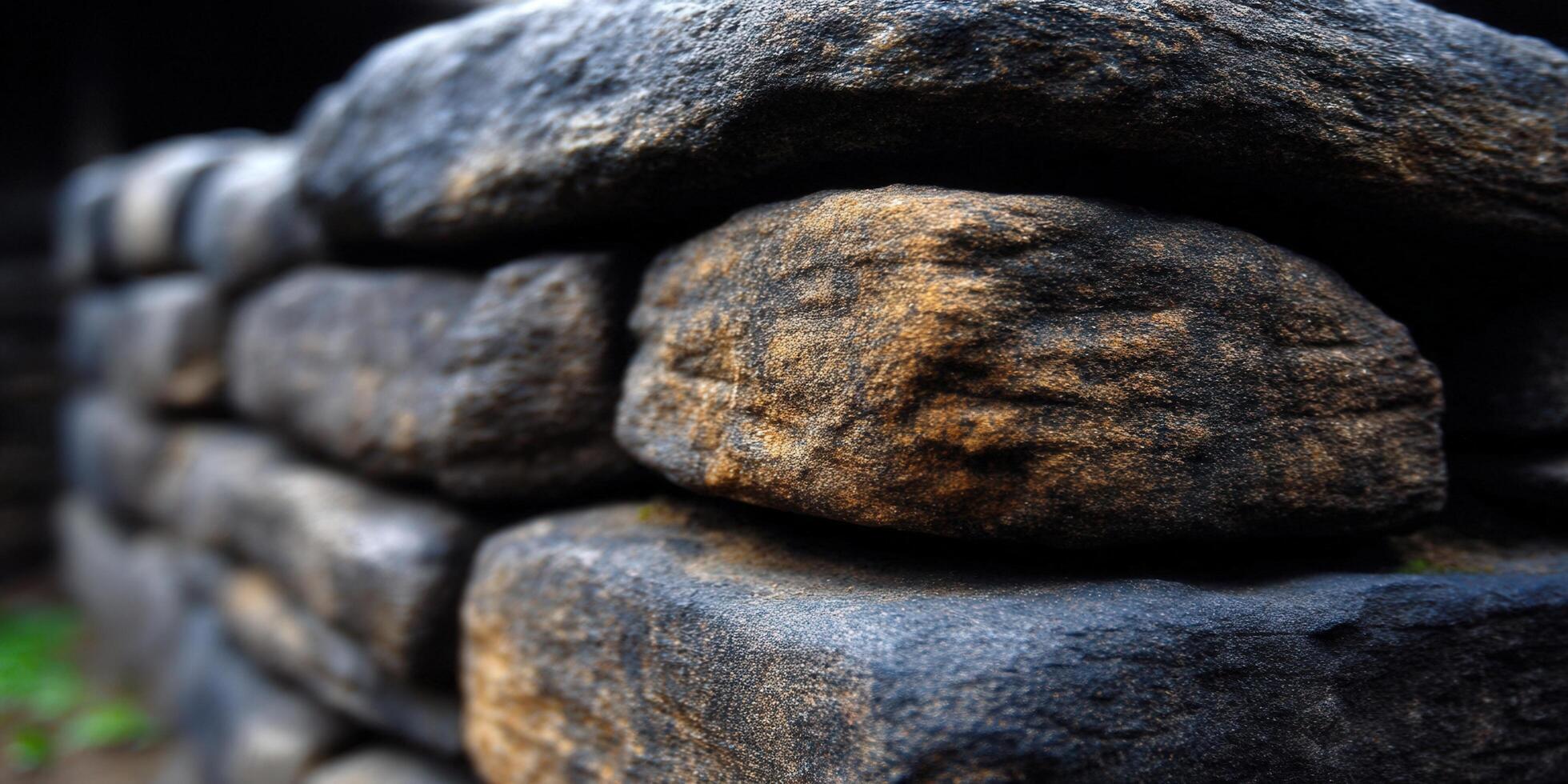 An aged stone wall displays its rough texture and natural details in close-up. photo