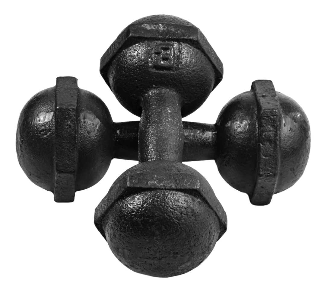 Two black cast iron dumbbells crossed, forming a unique arrangement. Ideal for fitness, gym, and workout concepts, showcasing strength and exercise equipment. png