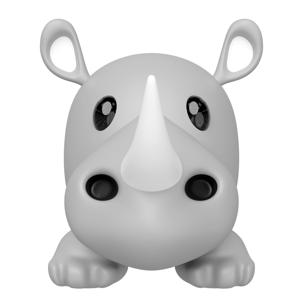 3D cartoon style gray rhino with big eyes, a prominent horn, and small ears, facing forward. Adorable minimalist character, perfect for kids themes or branding. png