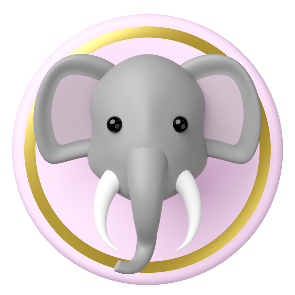 3D render of a cute gray elephant head with white tusks and black eyes, mounted on a pink circular plaque with a golden ring, set against. Cartoon style. png