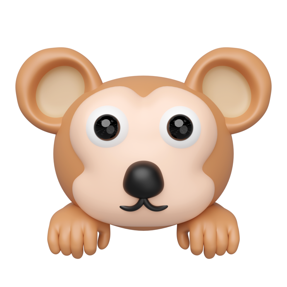 Cute 3D cartoon monkey head peeking with hands from bottom, rendered in a playful, minimal style against. Ideal for children designs, apps, or joyful themes. png