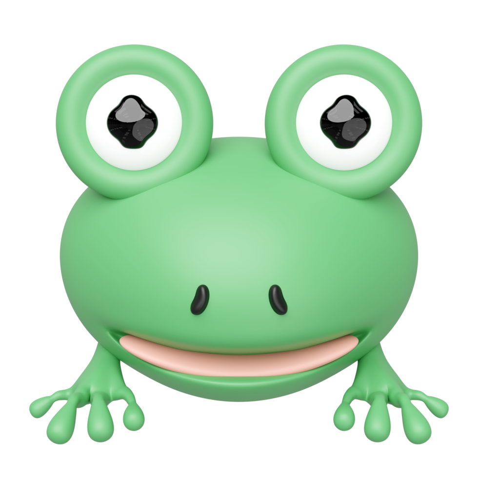 Close up of a charming 3D cartoon frog with large expressive eyes and a wide smile, rendered in bright green against. Ideal for kids, playful designs, and simple mascots. png