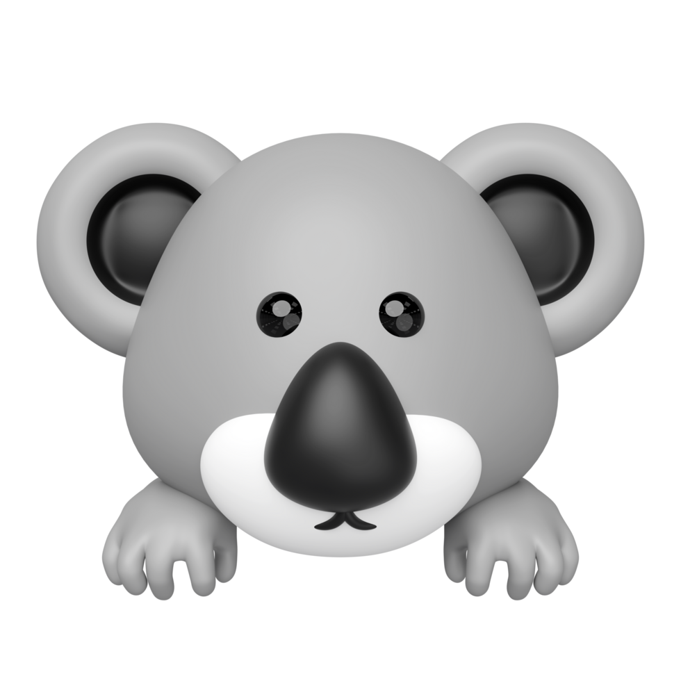 3D render of a cute cartoon koala bear peeking. Adorable grey koala head with big ears, black nose, and paws, perfect for kids themes or animal designs. png