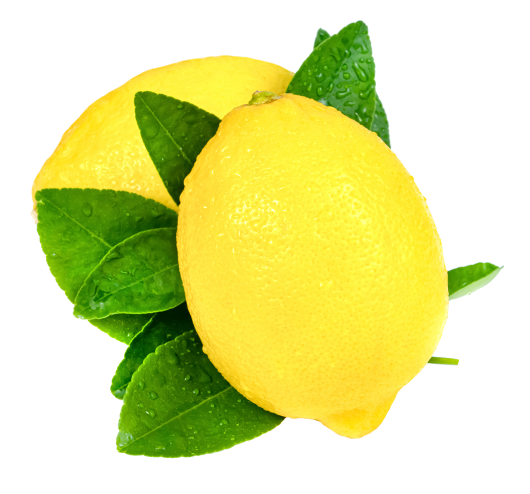Two fresh, vibrant yellow lemons with bright green leaves and visible water droplets isolated. Healthy citrus fruits, perfect for food, drink, and natural concepts. png