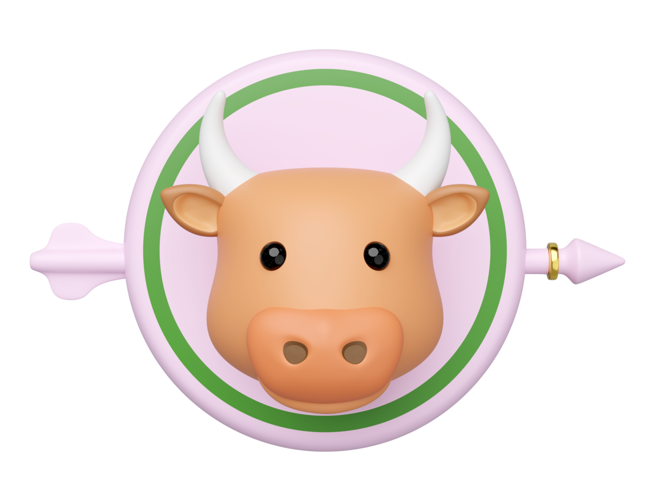 3D rendered cute cartoon cow head with horns, centered in a pink target circle with an arrow. Modern minimal style for agriculture, finance, or zodiac concepts. png