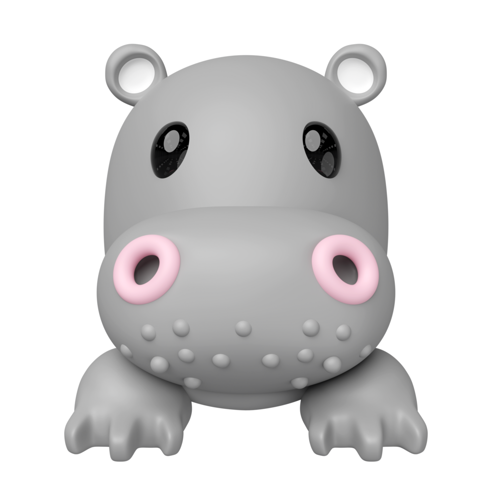 Adorable 3D rendering of a grey cartoon hippopotamus with pink nostrils and glossy black eyes, depicted. Perfect for kids content or cute animal themes. png