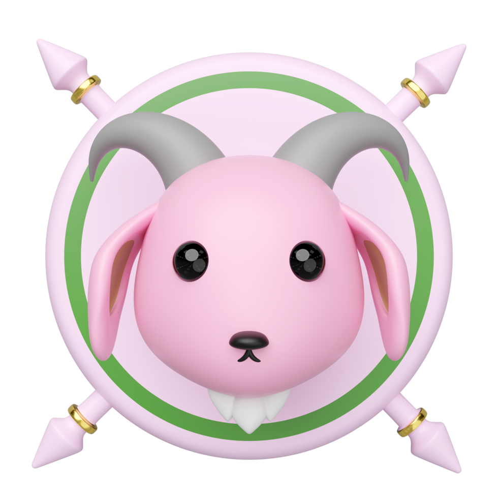 3D render of a cute pink goat head with gray horns, centered within a light pink circular frame with intersecting arrows. Modern minimal design, perfect for icons or symbols. png