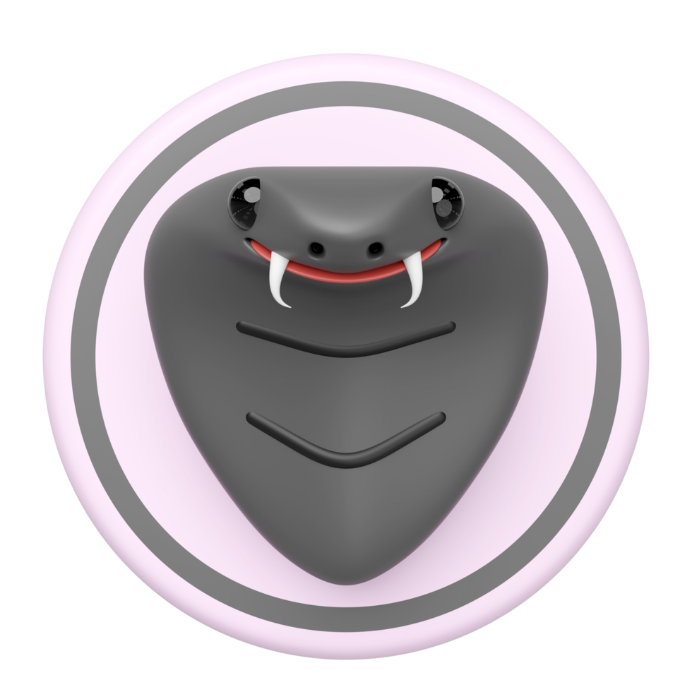 3D rendering of a stylized cute cartoon cobra snake head with fangs and black eyes in a circular frame. The friendly reptile icon, ideal for mascots or logos. png