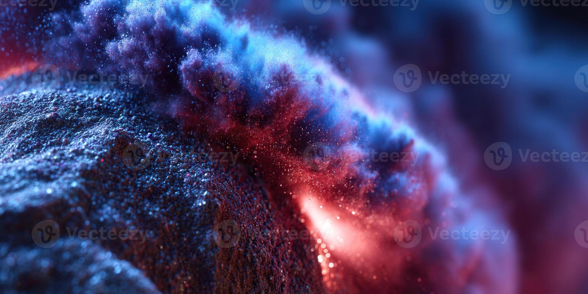 An abstract artwork featuring vibrant, swirling clouds in blue and red tones, with a unique texture. photo