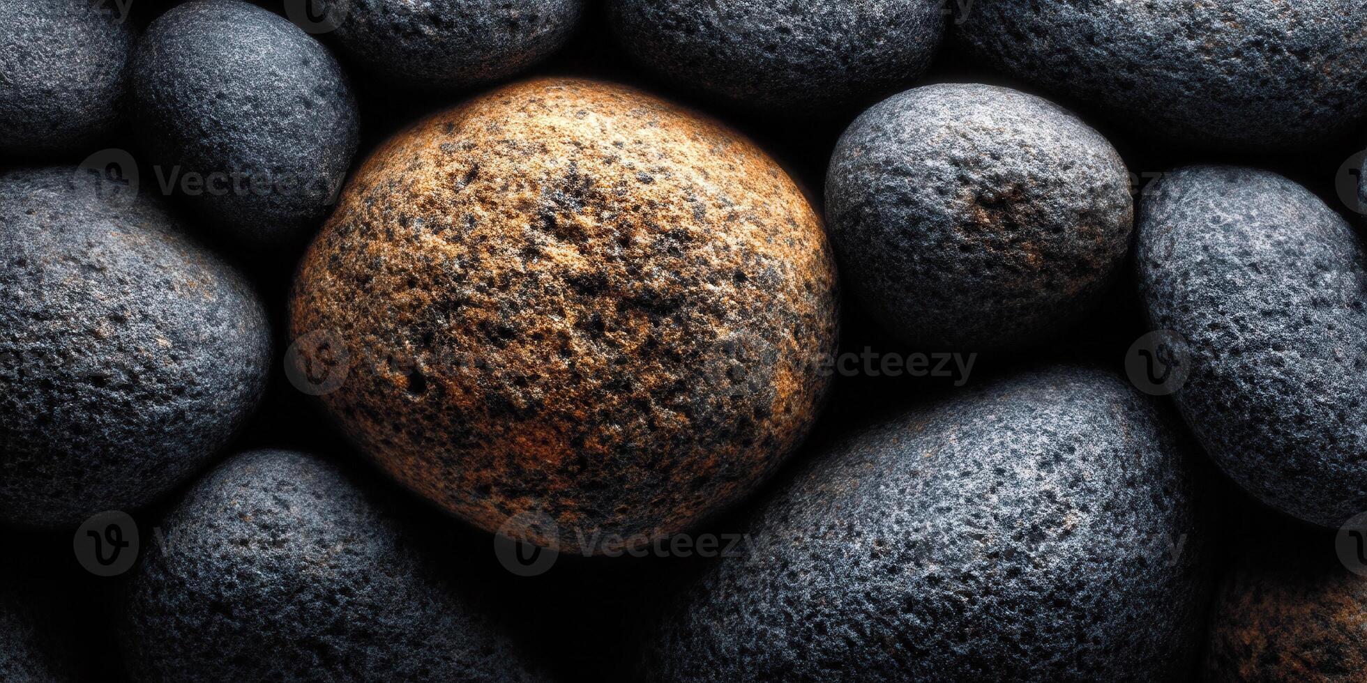 A beautiful composition of different grey and brown textured stones on a dark surface. photo