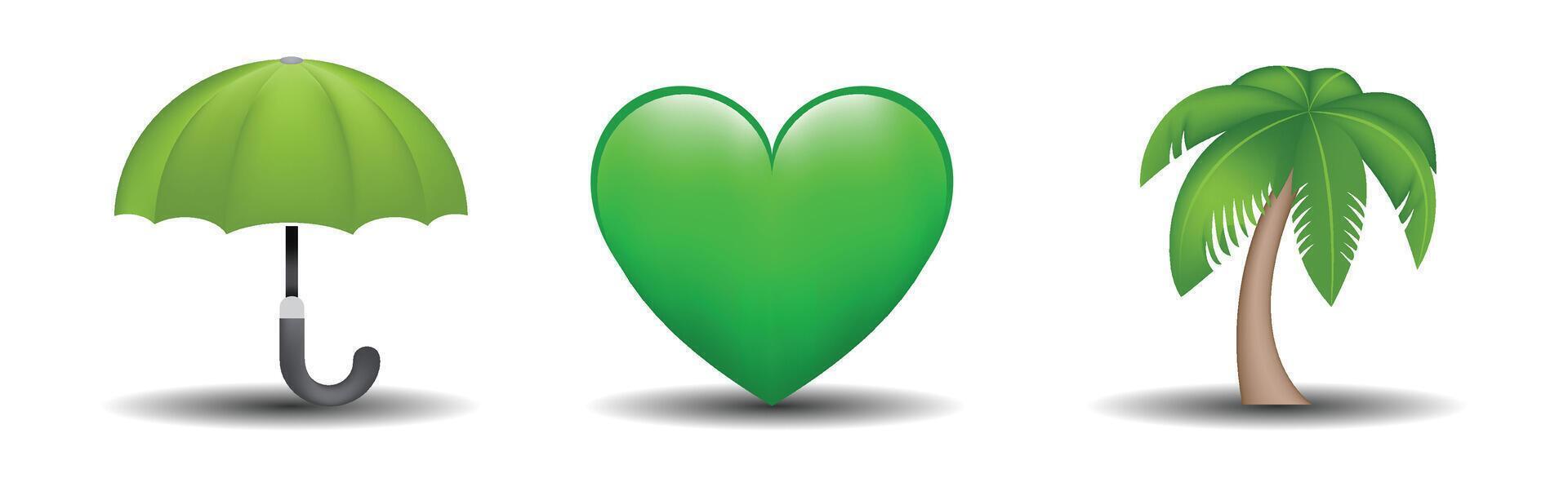 3 emoticons isolated on white background. Green color heart, umbrella, palm emoji illustration. 3d illustration set vector