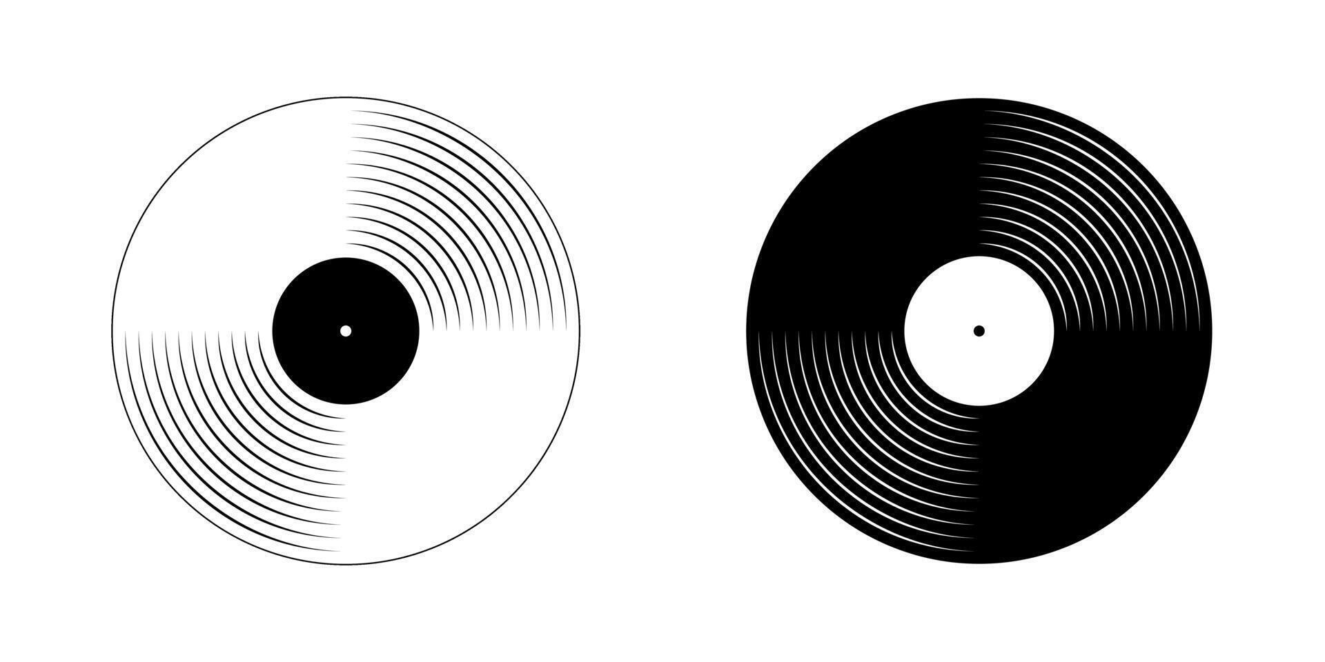 White and black vinyl record icons. LP or long play music discs isolated on white background. DJ equipment for techno club party or 70s 80s discotheque nostalgia concept. graphic illustration vector