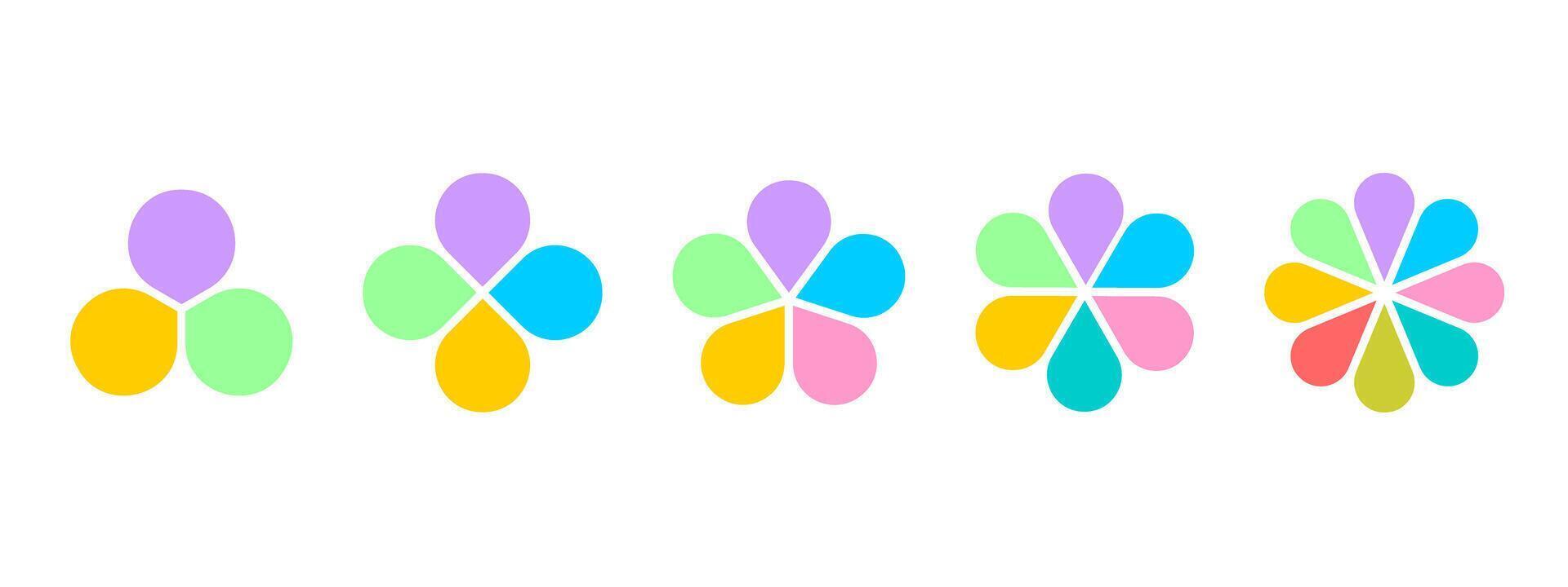 Colorful flower diagrams with petals. Floral pie charts divided on equal sectors from 3 to 8 in leaf shapes isolated on white background. Data presentation templates. flat illustration vector