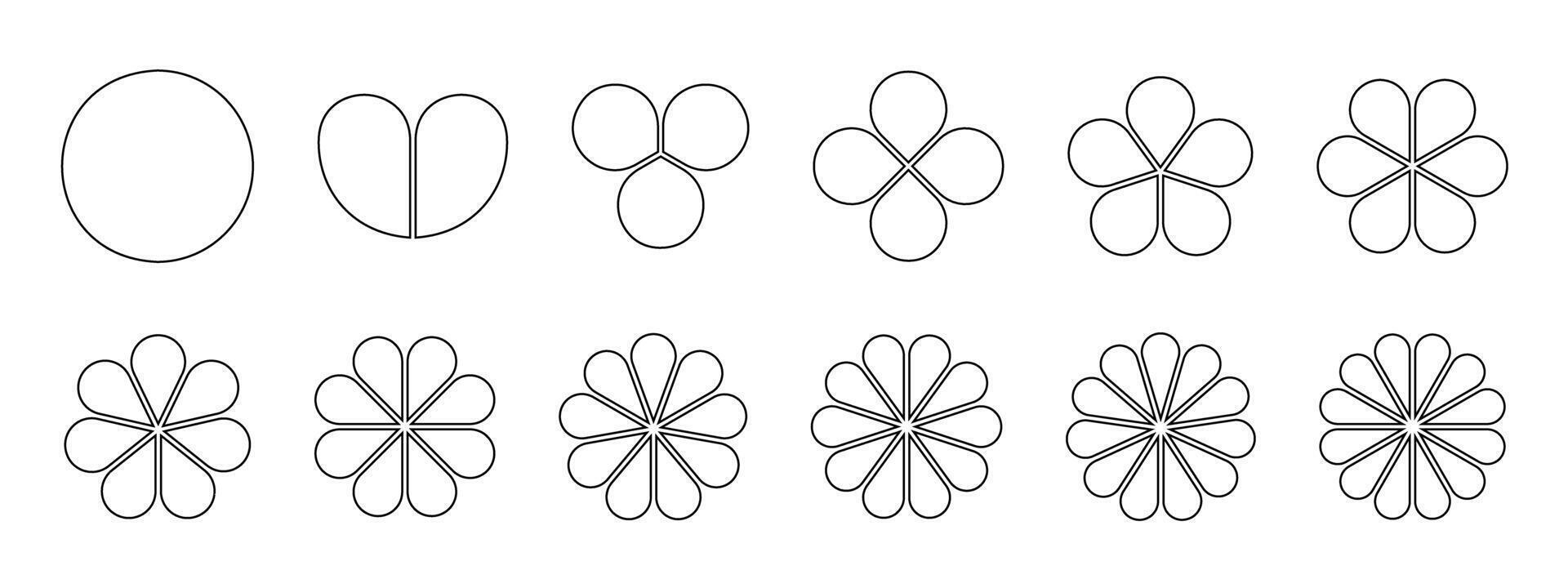 Flower diagrams with petals. Floral pie chart divided on equal sectors from 1 to 12 in leaf shapes isolated on white background. Business data presentation templates. outline illustration vector