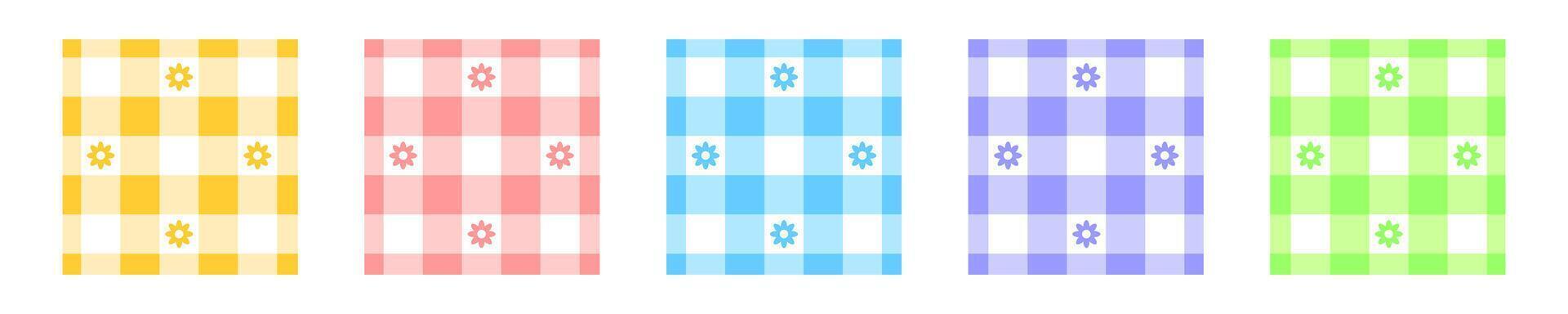 Set of gingham or vichy pattern samples with flower print. Checkered textures for spring or summer picnic plaid, tablecloth, napkin or blanket. Fabric geometric backgrounds. flat illustration vector