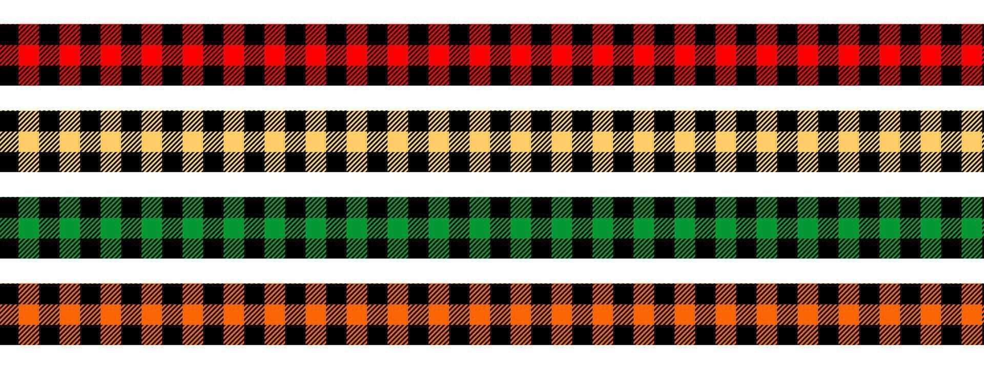 Set of textile tapes with buffalo plaid textures. Ribbons with Christmas or Halloween checkered lumberjack pattern. Geometric fabric straps with gingham or vichy print. flat illustration vector
