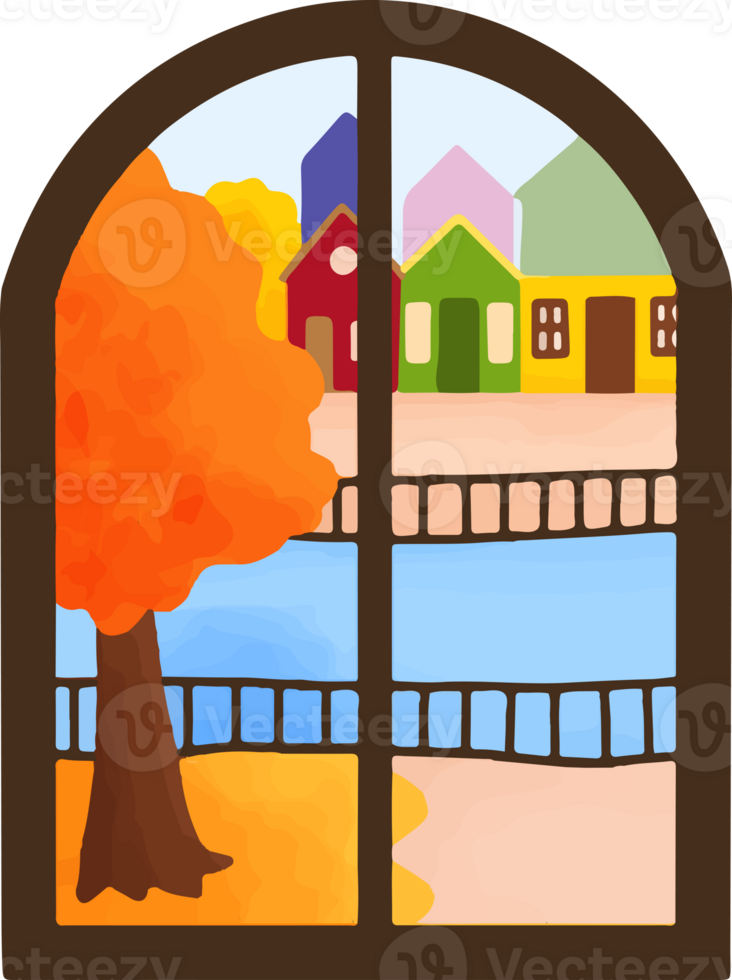 Autumn river view from window illustration png