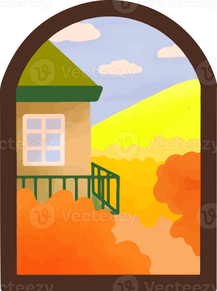 watercolor illustration of autumn view from window png