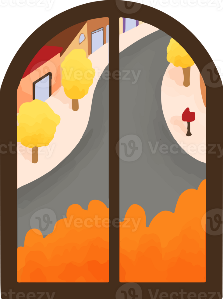 Autumn city street view from window illustration png