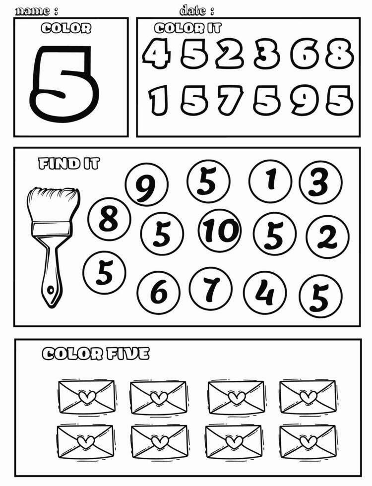 Number worksheets for preschool number 5 coloring math activities for kindergarten kids vector
