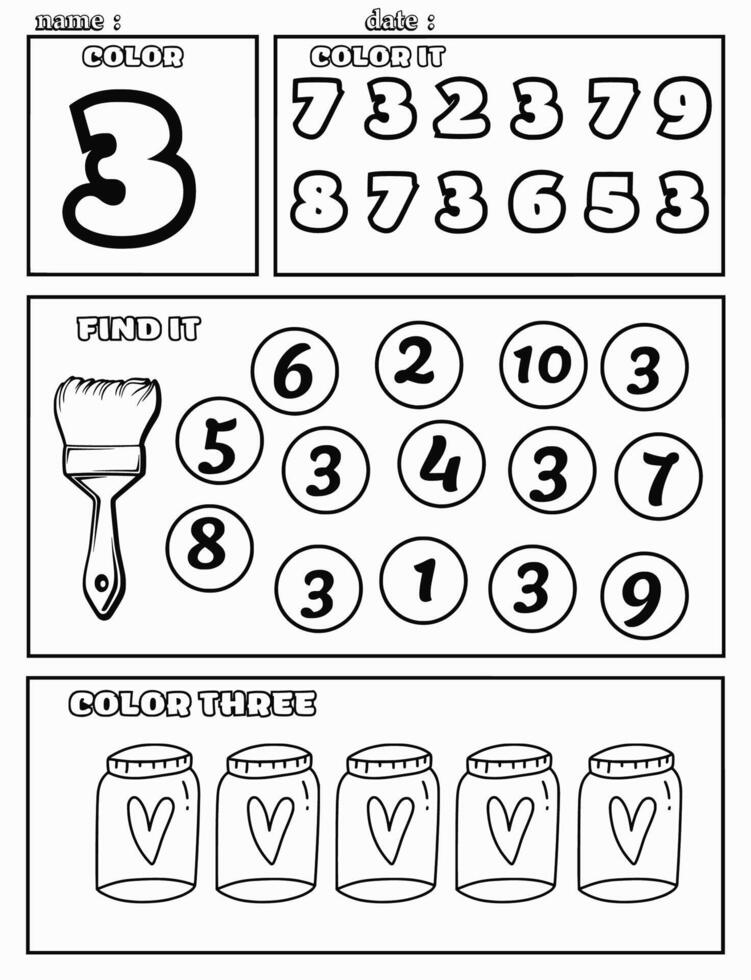 Number worksheets for preschool number 3coloring math activities for kindergarten kids vector