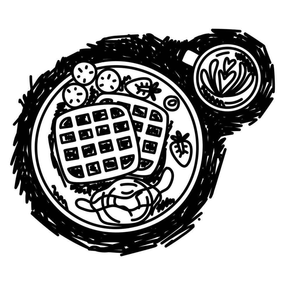 Hand-drawn breakfast with coffee and waffles on plate. Black and white outline illustration in the grunge style. Waffles, ice cream in syrup with pieces of bananas, strawberries, blueberries on white vector