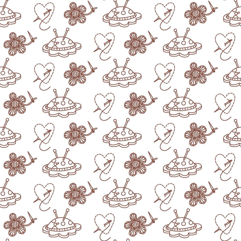Sewing pattern, embroidery. Flower-shaped needle cushion, embroidered flower, heart-shaped needle with thread. Seamless color doodle texture. For packaging handmade products, made with love vector