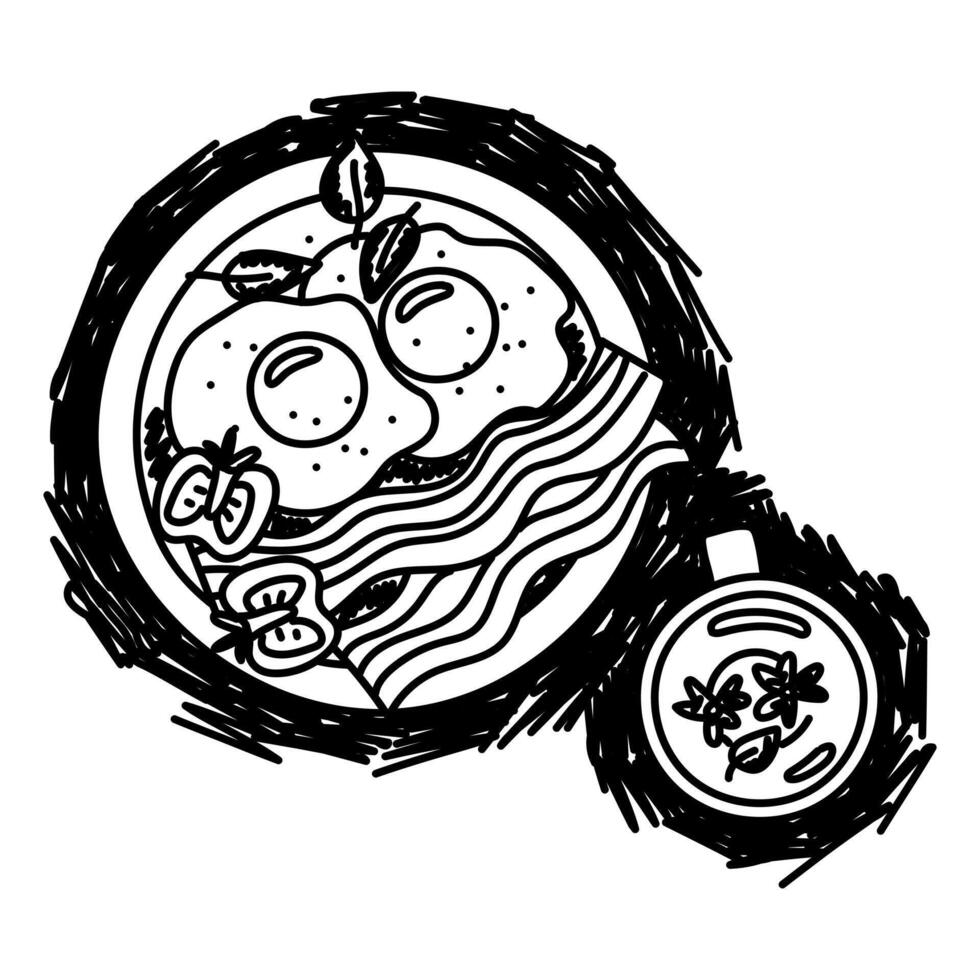 Hand-drawn breakfast tea and eggs on a plate. Black and white outline illustration in the grunge style, shading with a marker. Fried eggs, bacon with tomatoes and basil, floral tea on white. Serving vector