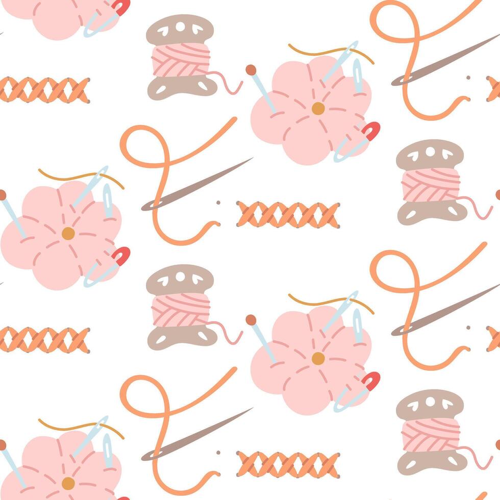 Pattern for sewing themes. Needles in a sewing pillow, top view, needle and thread, cross-stitch, and a ball of yarn. Seamless flat color texture. Suitable for prints. Packaging for handmade items vector