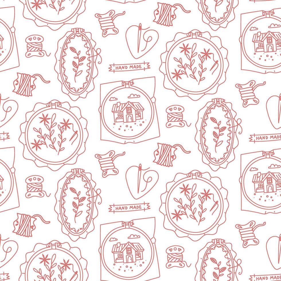Embroidery pattern with embroidery hoop. Various embroidery hoops with floral embroidery, needles, threads in doodle. Seamless color texture. Handmade embroidery in frame for work. Landscape, flowers vector