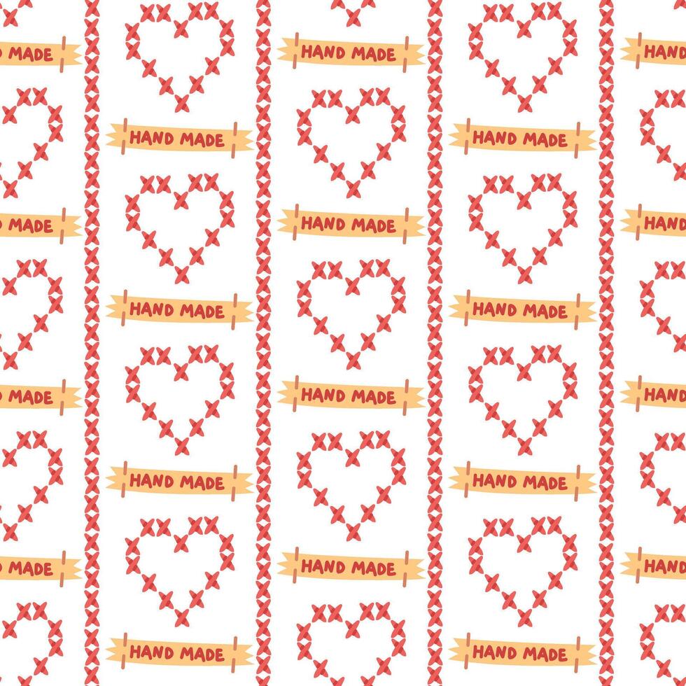 Pattern hand red heart cross-stitched outline with handmade label. Striped elongated texture of red crosses. Seamless colored flat texture on white. Packaging for handmade sewing brand with love vector