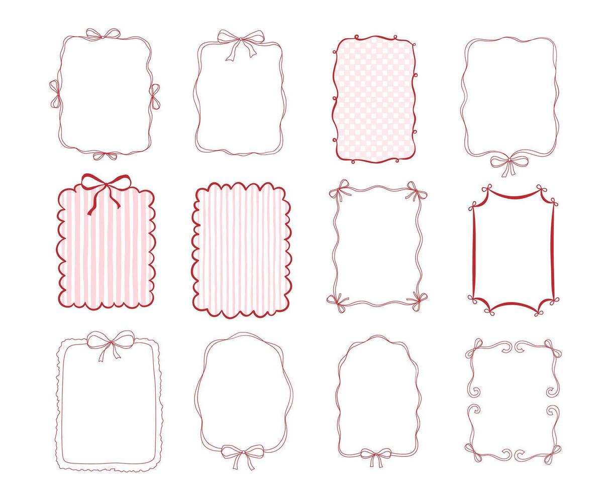Set of whimsical hand drawn pink color frames with wavy squiggle curly ribbon and romance bow. Perfect for wedding, birthday or bachelorette party invitations vector
