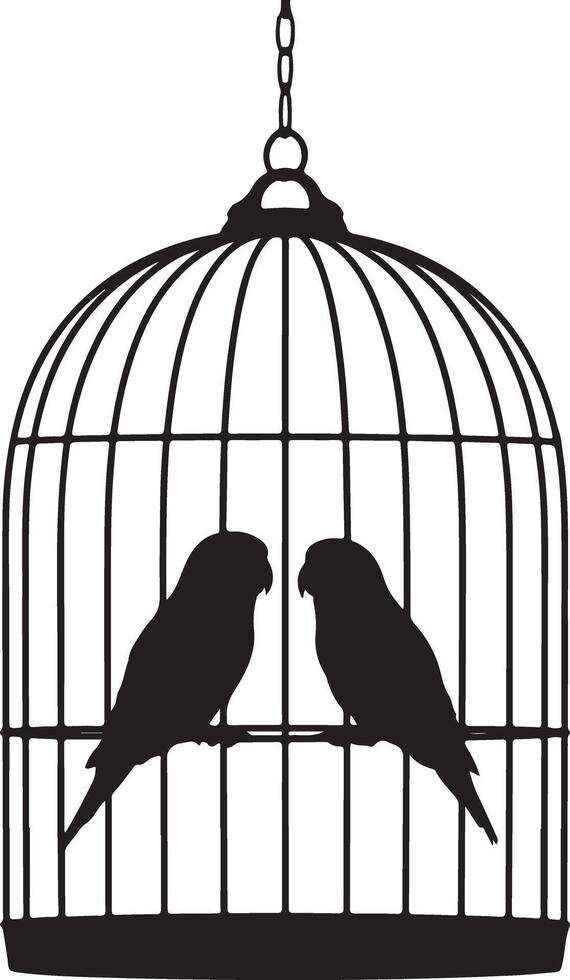 Two birds silhouette inside a vintage birdcage, symbol of love and freedom, art vector