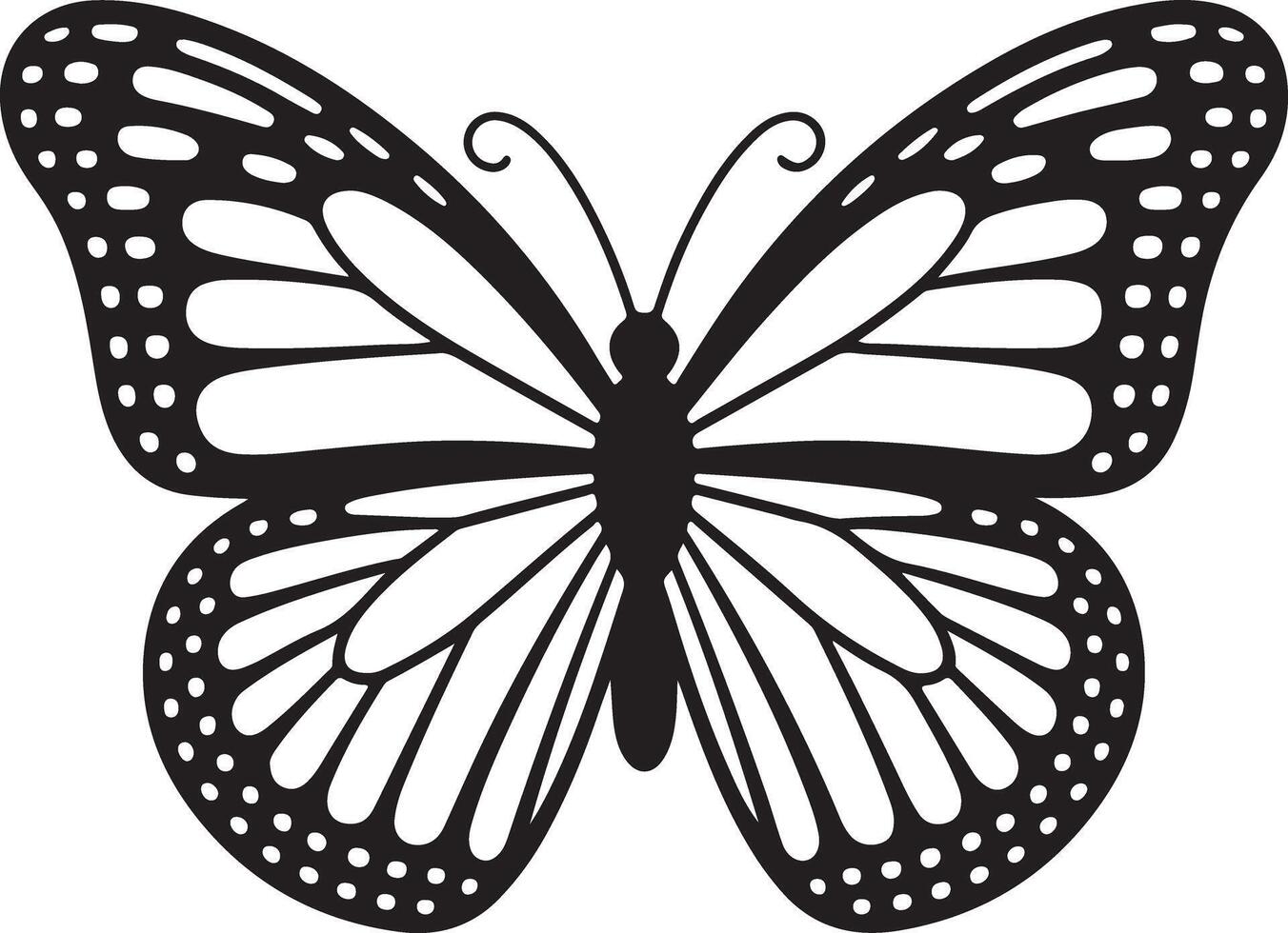 Butterfly illustration with symmetrical wings and detailed patterns in black and white vector