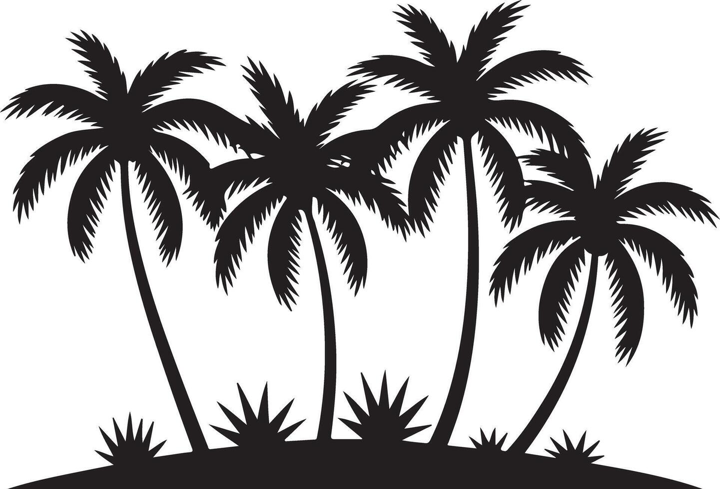Silhouette of four palm trees on small island, evoking tropical vacation and relaxation vibes vector